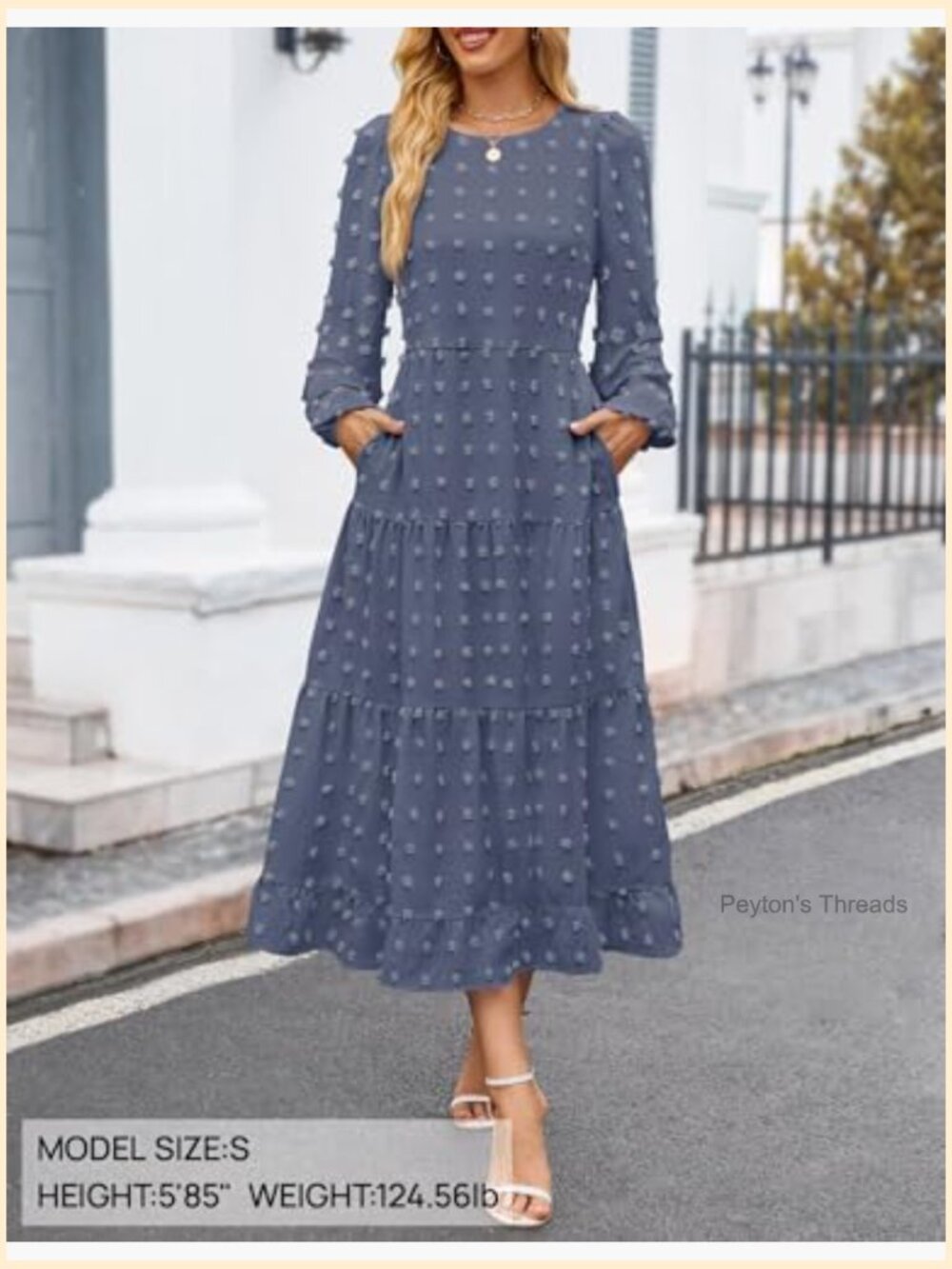 Long Sleeve Swiss Dot Tiered Flowy A-Line Maxi Dress - Picture 3 of 7